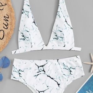 Marble print plunge bikini